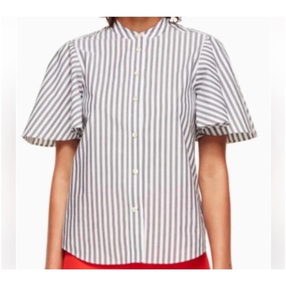 KATE SPADE Button Down Blouse Shirt stripe Flutter Slv Sz XXS Gray White Preppy
